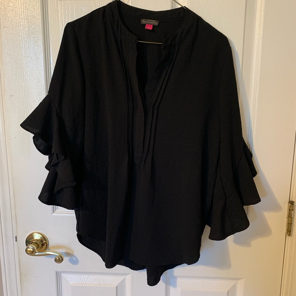 VINCE CAMUTO Black Ruffled Sleeve Women's Top